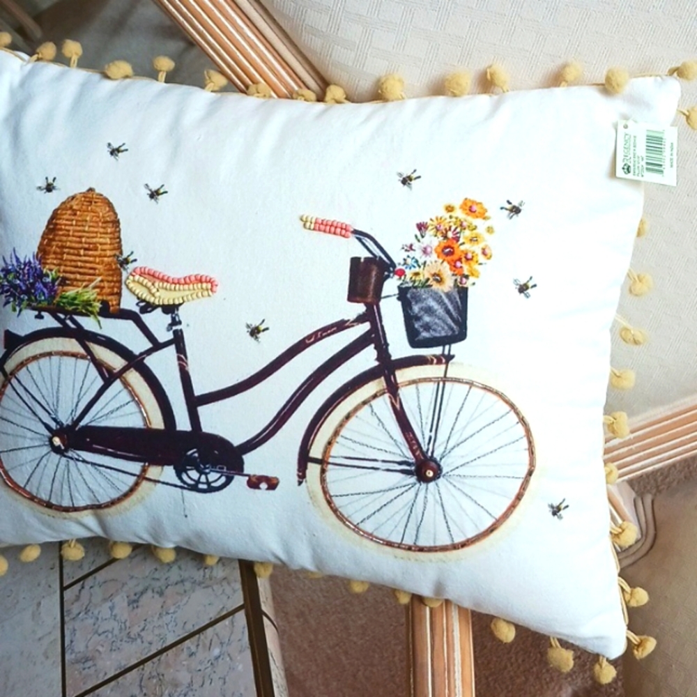 Embroidered Bike with Beaded Beehive Pillow by Valeri...QVC,,NEW - Picture 4 of 14